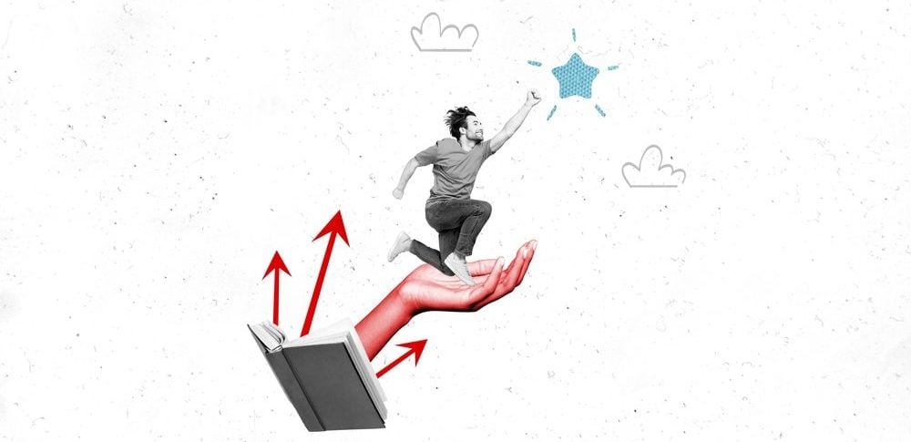 Composite collage picture of black white gamma opened book arm palm hold mini excited guy reach clouds sky star isolated on painted background