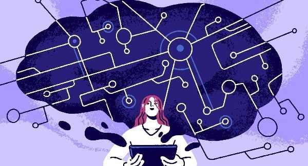 Neural network concept. Human studying digital AI brain. Artificial intelligence technology training, machine learning science, knowledge, memory, automation and education. Flat vector illustration