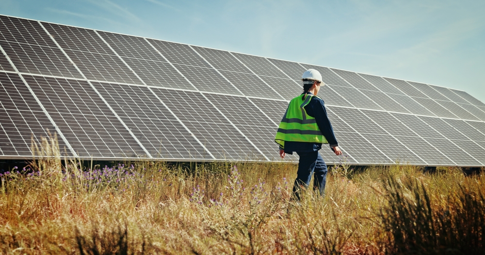 Solar panels, walk and technician with woman in nature for photovoltaic grid, renewable energy or power generator. Sustainability, electric system or inspection with engineer in outdoor for project