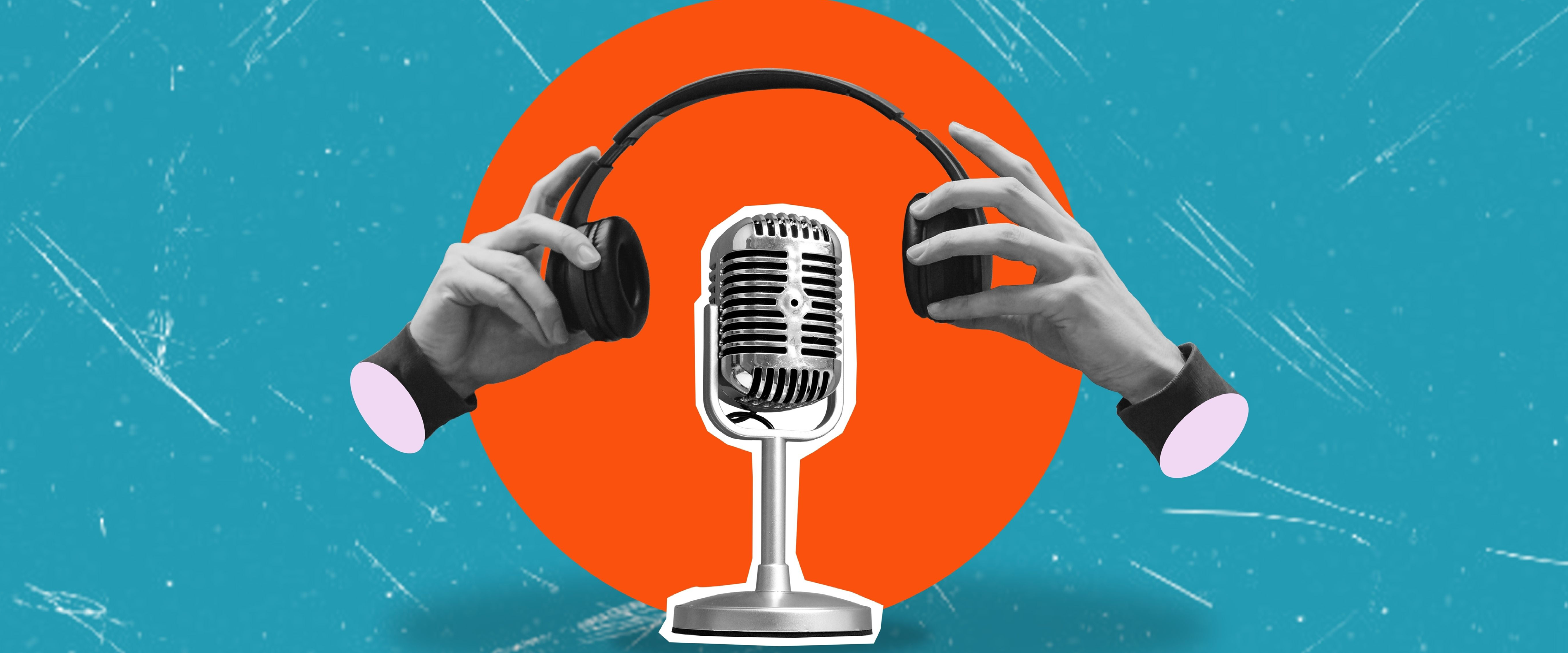 Headphones over microphone, podcast concept